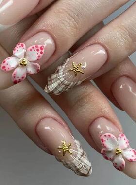 24pcs Almond Press on Nails Flower False Nails Wearable Stic