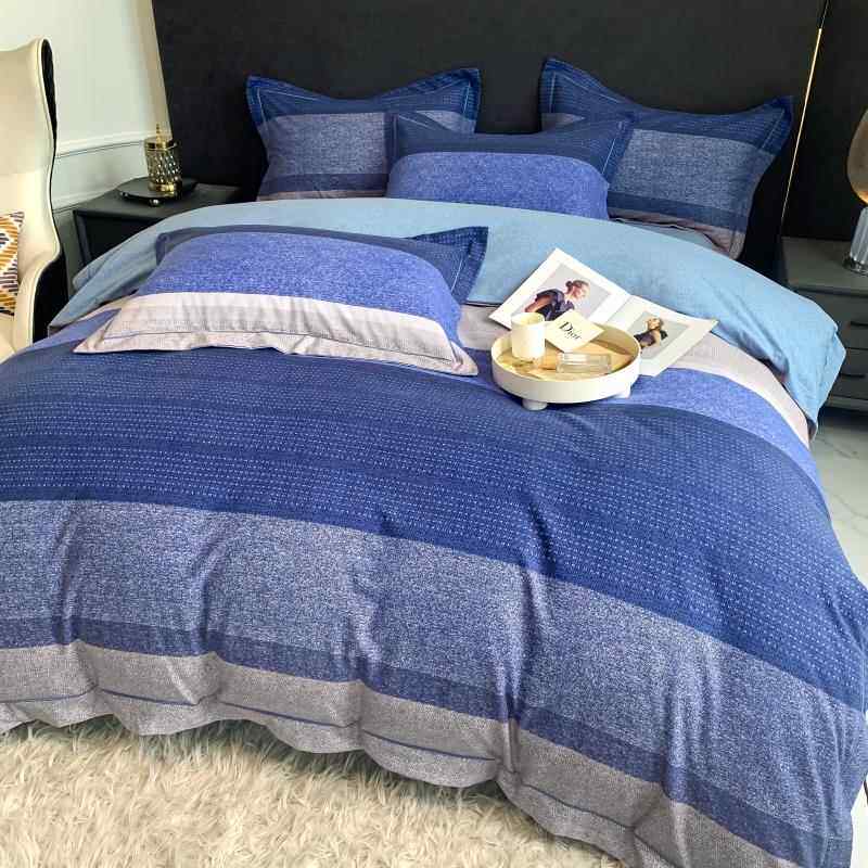 高档口加厚纯棉花拉绒印磨毛四件套出格子条纹套床单冬天床被上用