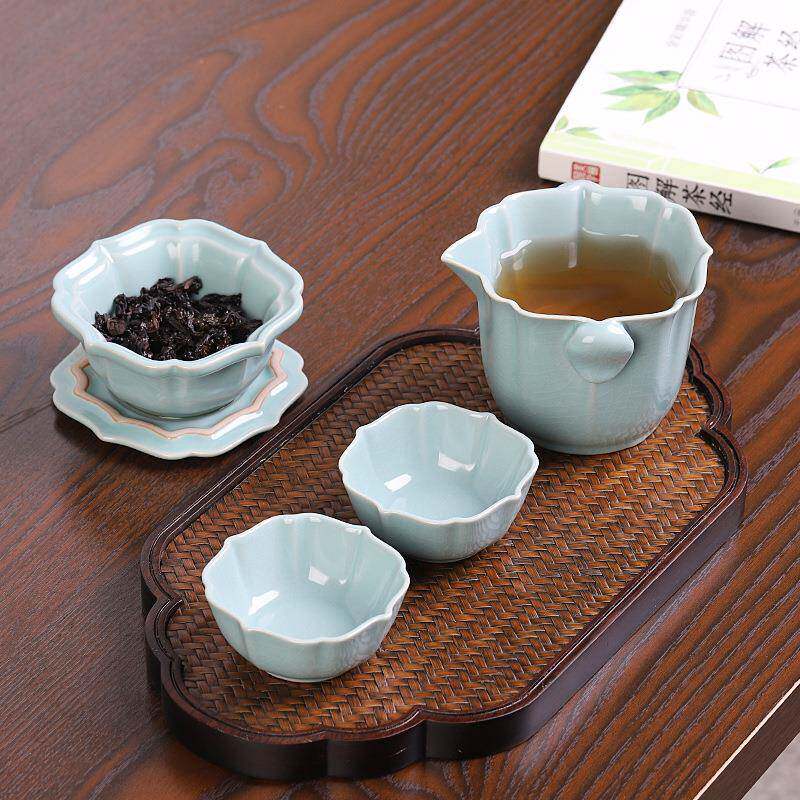 汝窑快客杯一壶两杯旅行茶具套装户外露营泡茶便携式功夫茶具全套