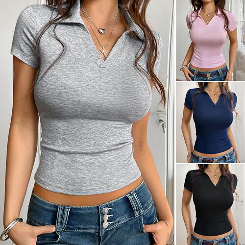 Women's open navel knitted short sleeved top