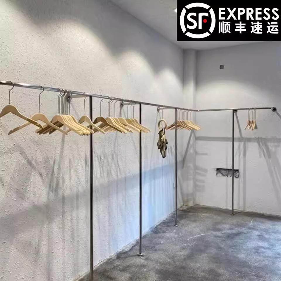 服装店上墙不锈钢展示架挂衣架子壁挂式男女装店货架落地式挂衣杆