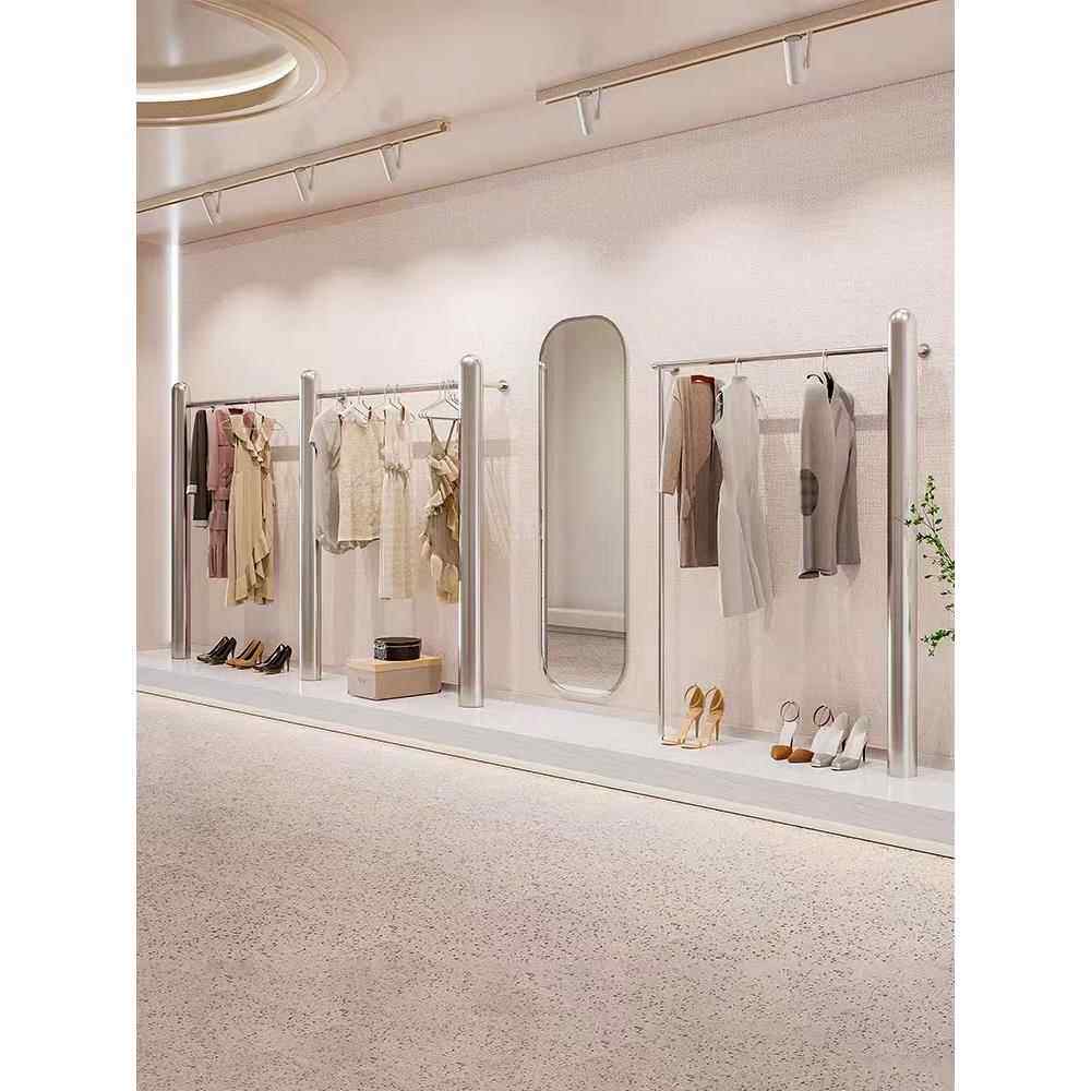 高档服装展示架落地衣架不锈钢拉丝女装店上墙挂衣杆陈列衣服货架