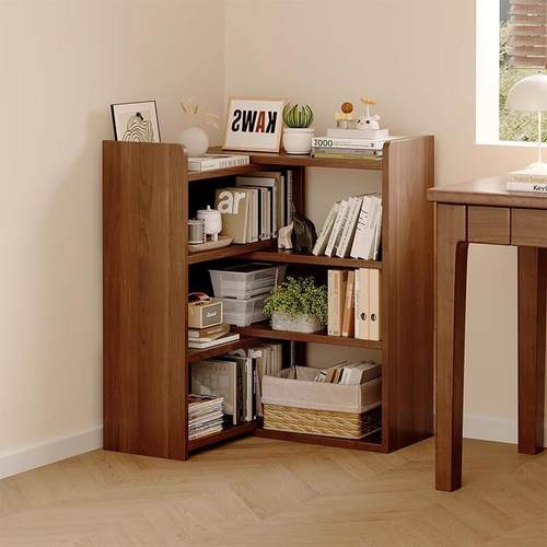 转角置物架落地书桌旁边柜胡桃木色多层收纳架家用可伸缩矮书架子