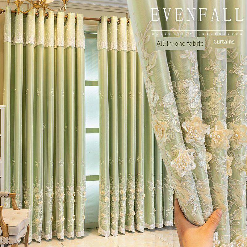高档压花双层一体布纱窗帘用于卧室和客厅遮光蕾丝绣花窗纱