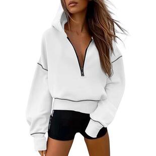 Women'S Fleeced Half Zipped Fall Hooded Sweatshirts [ Plain]