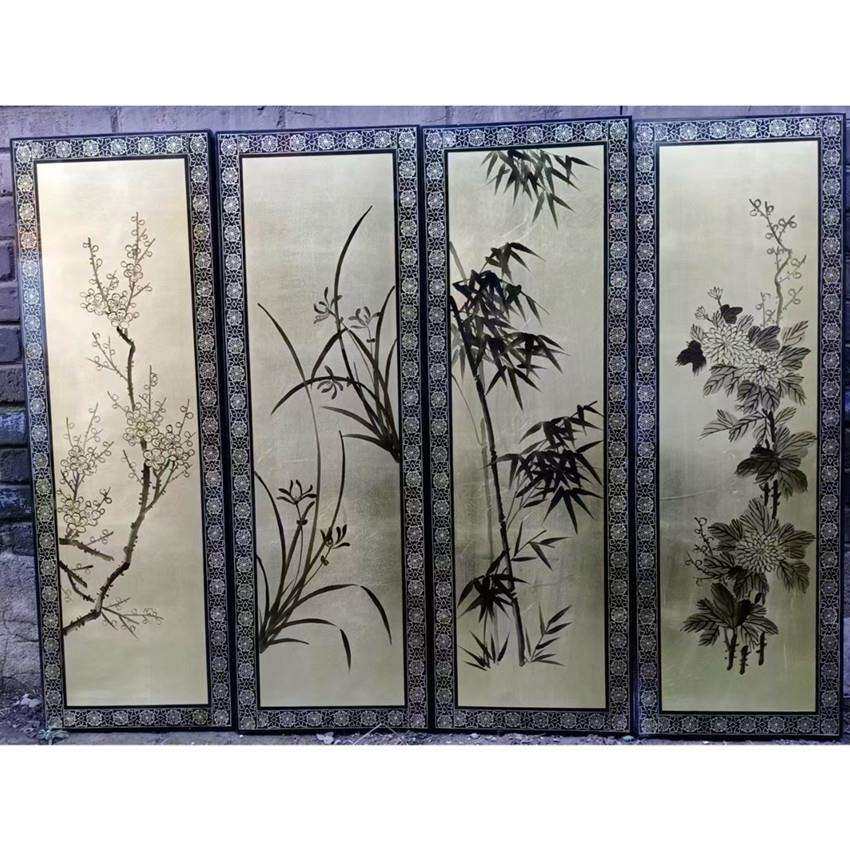 推光漆器工艺墙画四页挂画传统手工漆器贴金彩绘古风漆画装饰挂屏