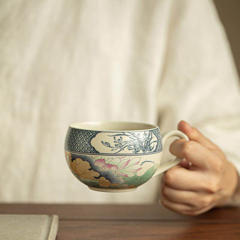 国风复古荷韵苏打釉茶杯茶咖杯咖啡杯主人杯早餐杯陶瓷茶具下午茶