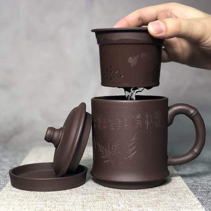 紫砂杯泡茶杯茶水分离带盖子过滤茶漏大容量陶瓷杯子办公室男士水