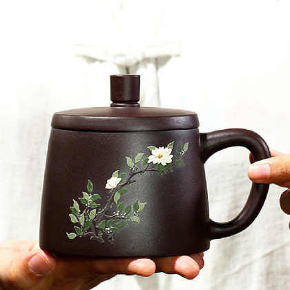 喝茶茶花宜兴功夫送茶茶具紫砂杯紫砂杯盖长辈杯子原矿全手工泥绘