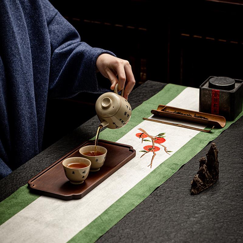 知度刺绣麂皮绒双色桌旗中式布艺茶巾茶韵茶席禅意茶几布桌布茶席