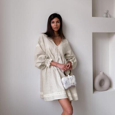 Women's cotton and linen skirt collar lantern sleeve