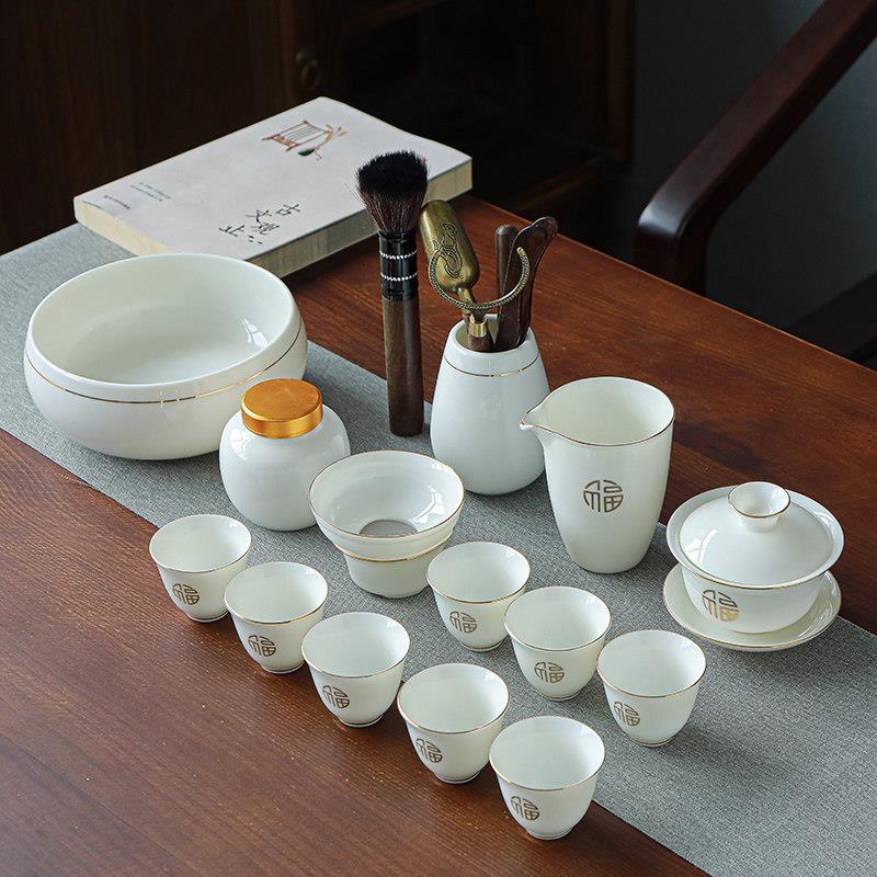 盖碗羊脂玉德化白瓷陶瓷功夫茶具套组家用泡茶杯办公室会客厅厚款
