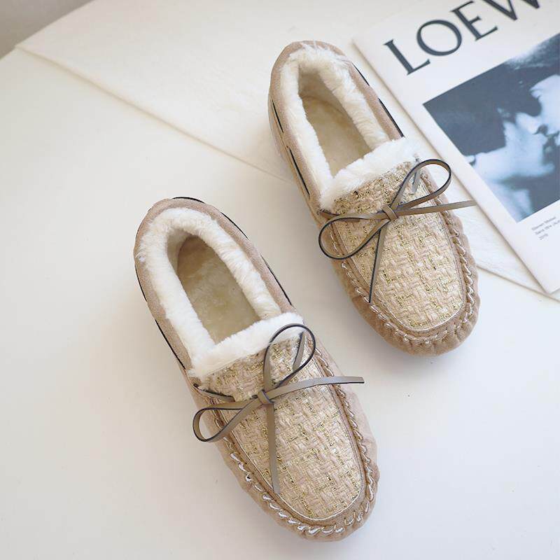 高档豆鞋豆女秋冬新款加绒加厚3平底女休闲懒人暖大码软底414棉鞋