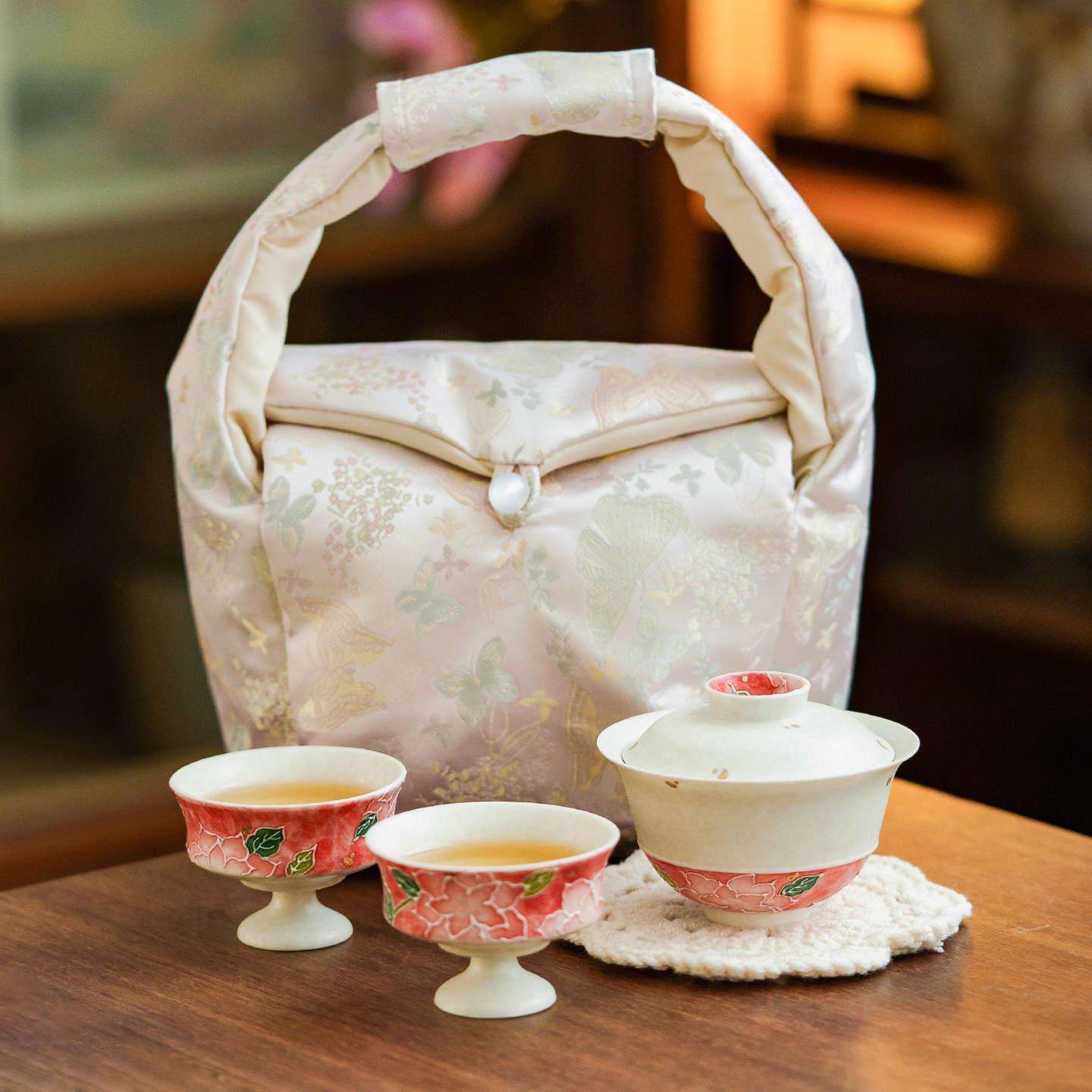洒金手绘月季花旅行茶具陶瓷盖碗茶杯户外泡茶快客杯旅行便携套装