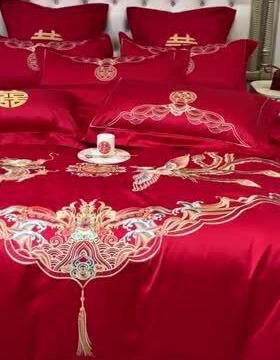 婚庆四件套全棉喜被大红简约刺绣新结婚房嫁礼床笠单床上用品喜庆