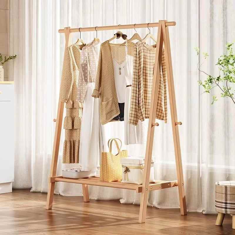 实木衣帽架落地家用挂衣架卧室房间榉木质晾衣服架室内简易立式杆