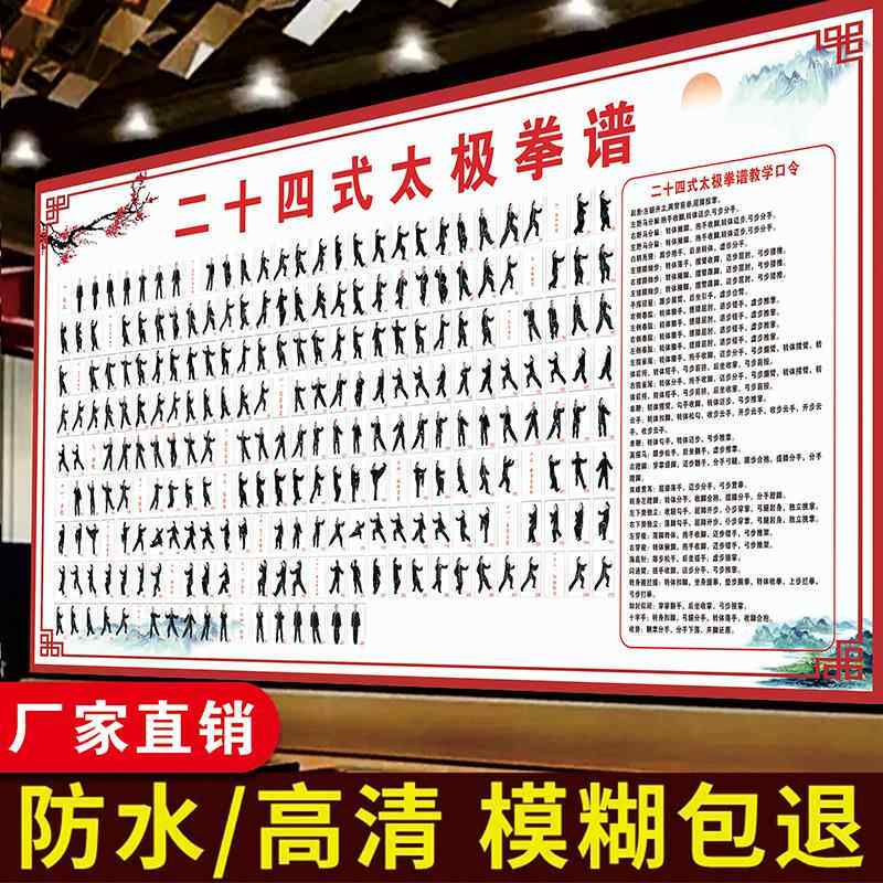 中老年晨练养生二十四式太极拳挂图招式步骤演示海报墙贴画图谱