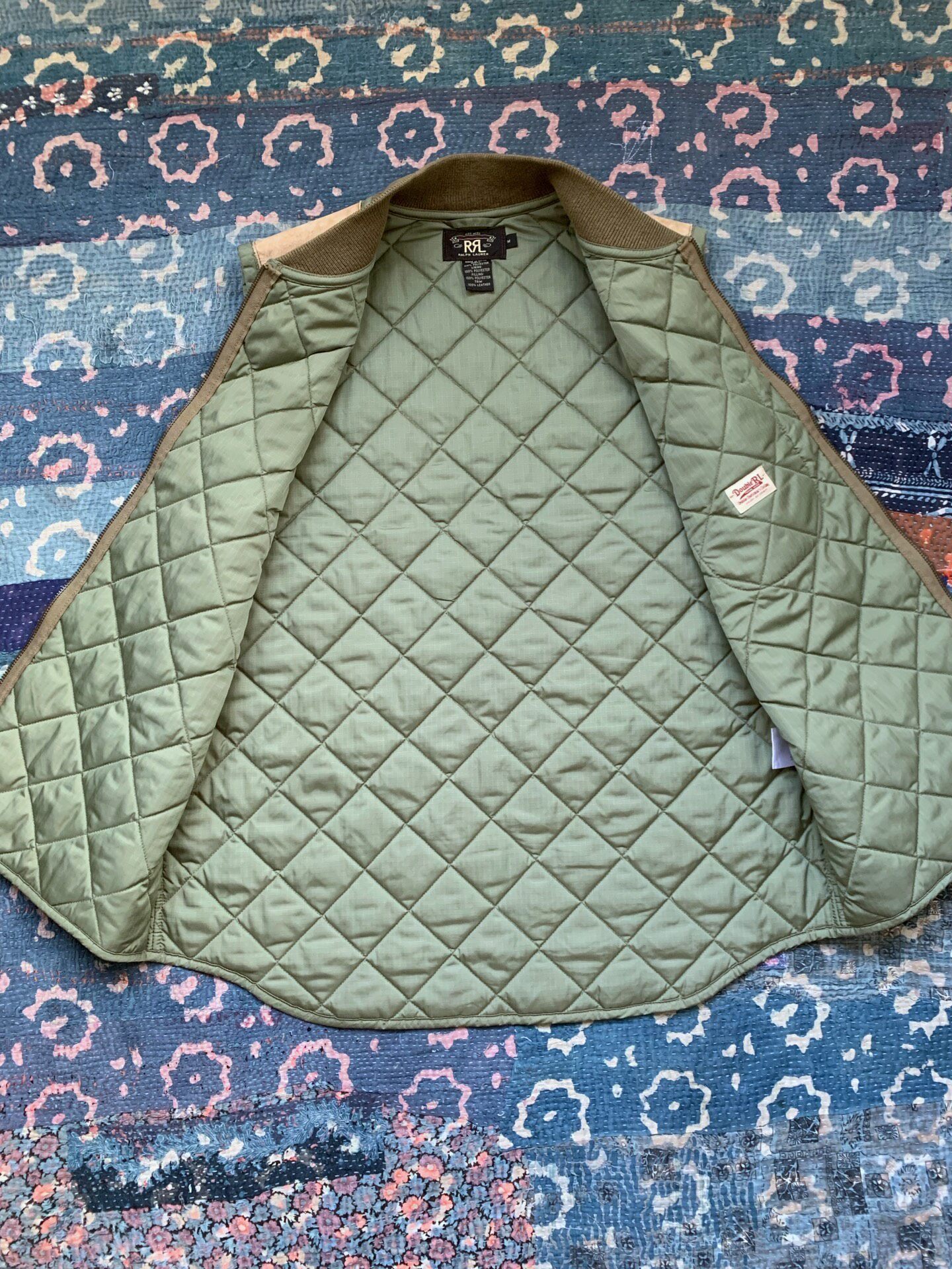 RRL Green Diamond-Quilted Leather Patch Vest — label