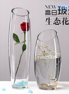 透明玻璃花瓶炮弹造型斜口干花插花花器客厅富贵竹摆件设计简约