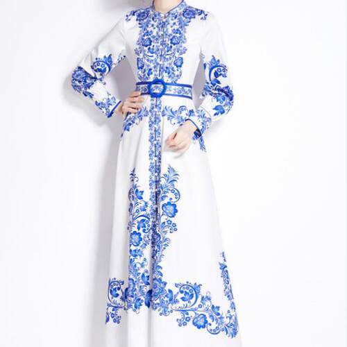 Printed dress, women's waist cinched long skirt
