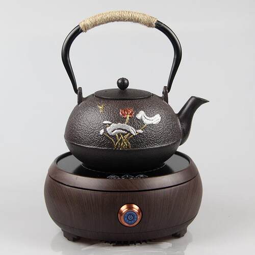 新中式 1200ml荷花蜻蜓煮水泡茶铸铁壶养生铁茶壶煮茶器茶具套装