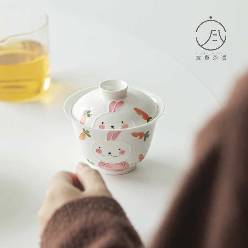 宜室茶话 釉下粉彩萌兔二才盖碗简约日式泡茶碗功夫茶具仿烫茶碗,餐饮具,盖碗,淘宝优惠券,粉丝福利购,淘宝优惠卷