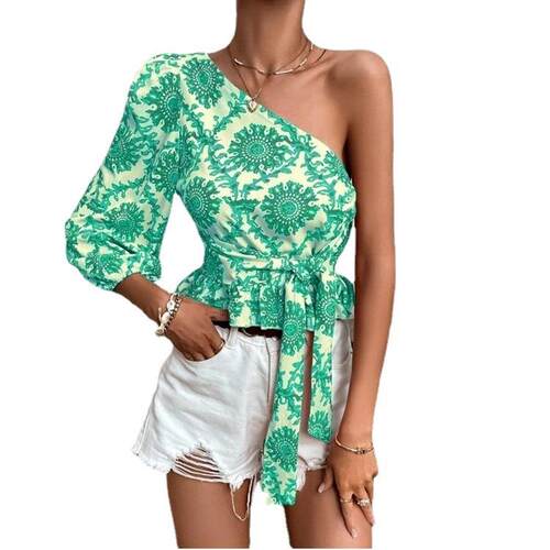 Mandala print single shoulder lantern sleeve with ruffled