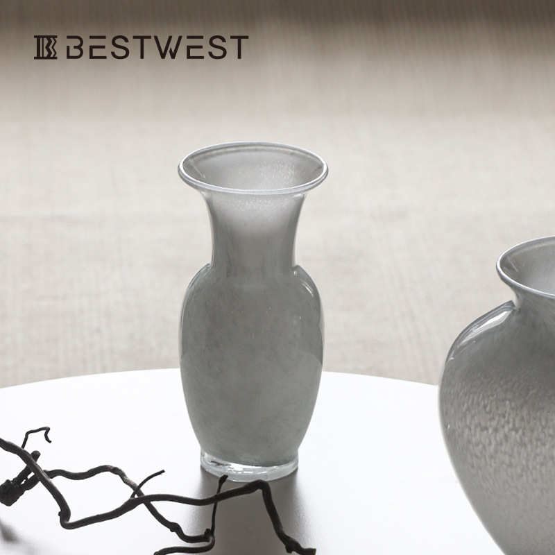 新中式玉质玻璃花瓶摆件白色轻奢高级感客厅插花器皿桌面艺术装饰