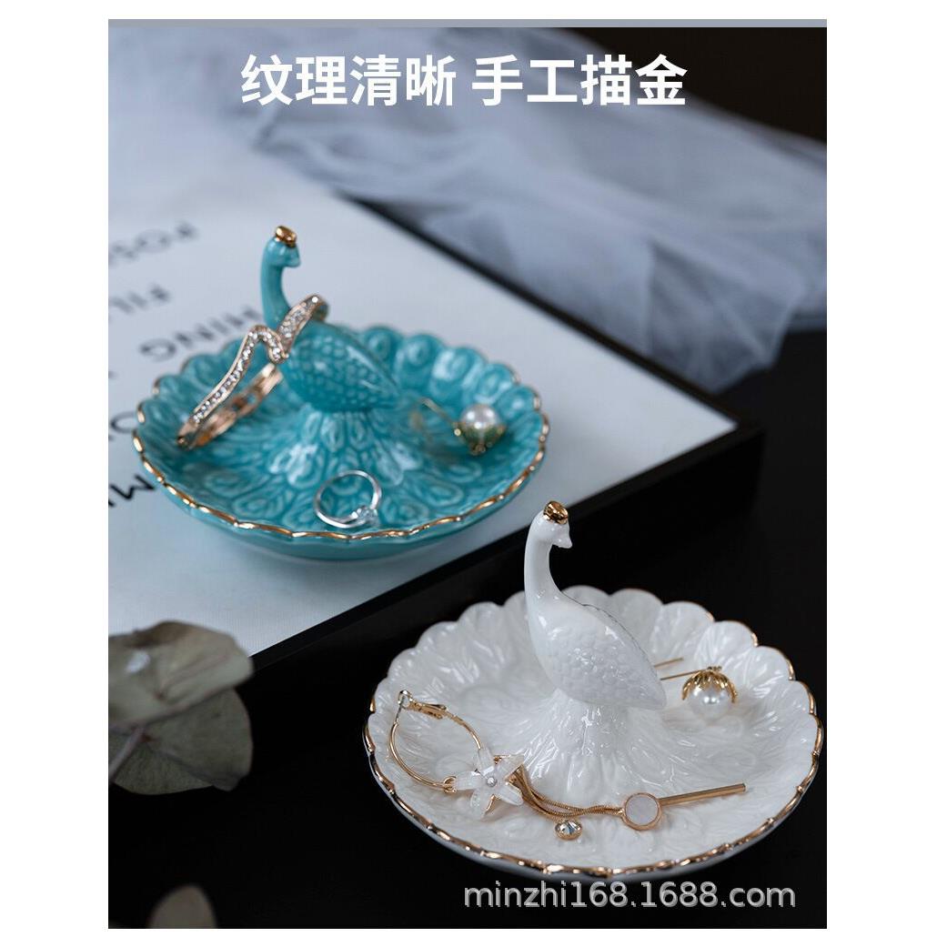 蓝色孔雀金边珠宝收纳盘陶瓷首饰盘 陶瓷工艺品 北欧创意家居摆件
