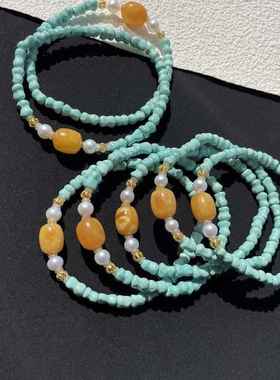 原矿高瓷绿松石竹节手串女单圈手链搭配珍珠蜜蜡桶珠18k金配饰5mm