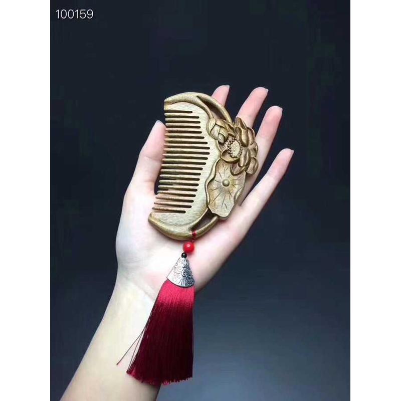 金丝楠拆房老料荷花木梳金丝黄料手工精雕富贵牡丹头梳木质工艺品