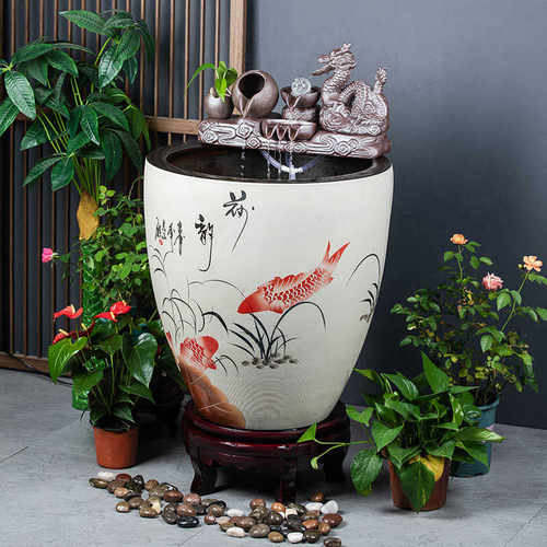 金鱼缸养陶流水客厅陶瓷大缸加高老式水缸循环罐鱼缸造景阳台