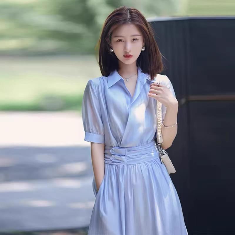 欧洲站高级感气质V领长裙2025新款法式收腰蓝色衬衫连衣裙夏季女
