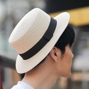 草帽男款平顶沙滩礼帽遮阳防晒巴拿马帽夏天男女旅游拍照摄影道具