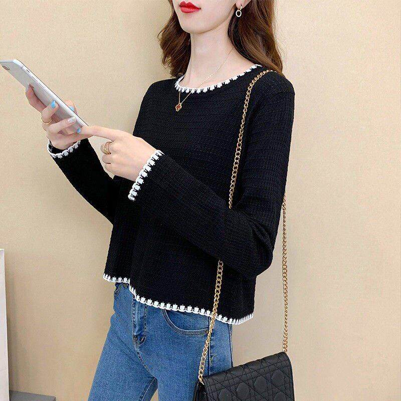 针织衫女长袖t恤春秋2025新款韩版宽松小香风百搭短款打底上衣潮