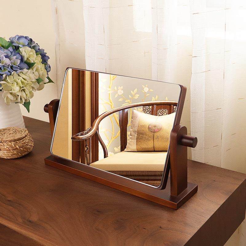 镜台式化妆翻转桌面梳妆镜约简家用木质镜F9585345现代中式复古风