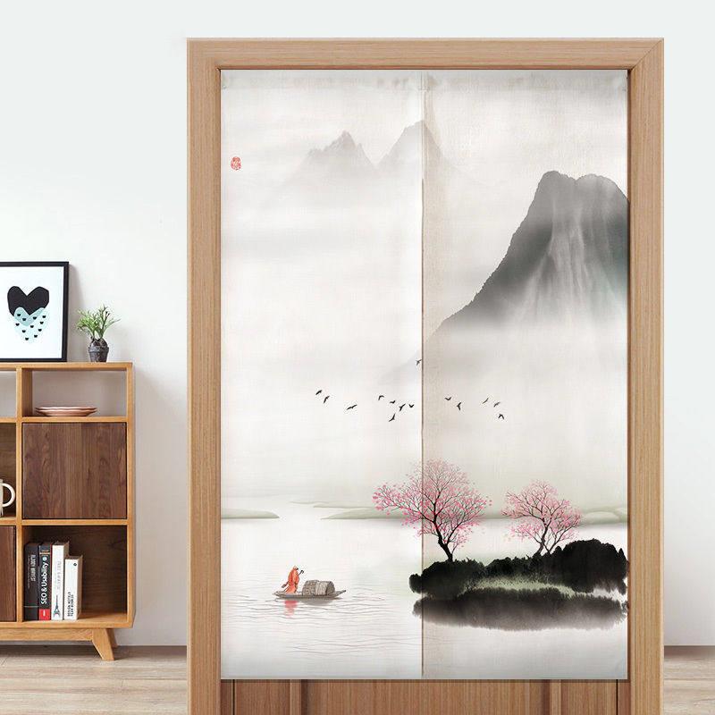 中式门帘隔断窗水墨山水画玄关半截布艺帘子卧室书房书柜自粘防尘