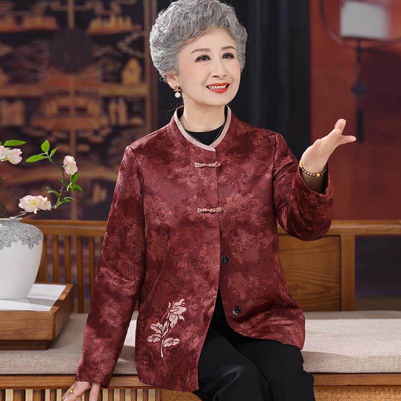 中老年人衬衫女开衫春夏重磅桑蚕丝100%套装大码奶奶印花真丝上衣