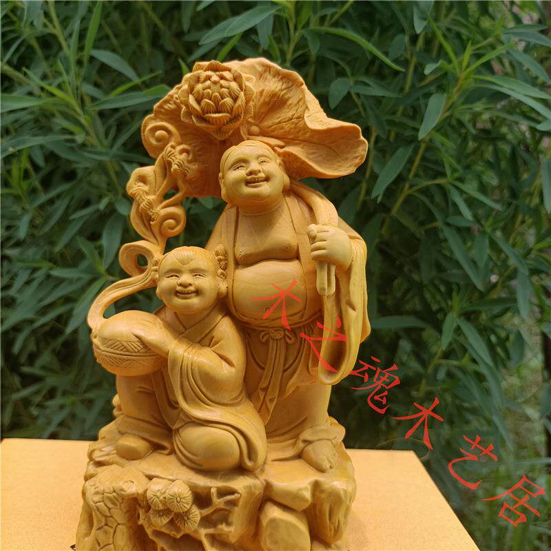 仿古黄杨木雕刻寒山二圣实木装饰摆件人物家居二仙创意工艺品送礼