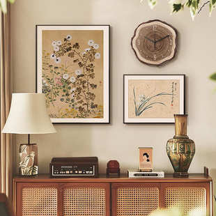 中古餐厅装饰画新中式复古国风茶室背景墙挂画抽象艺术客厅组合画