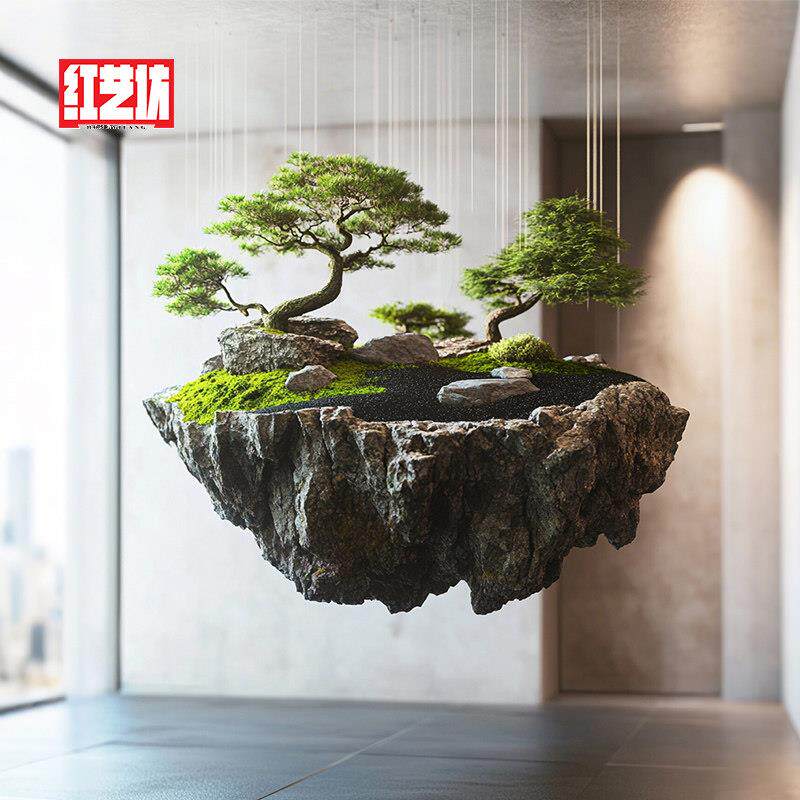 梦幻悬浮岛景观彷真绿色植物假山石悬挂苔藓植物造景商业橱窗创意