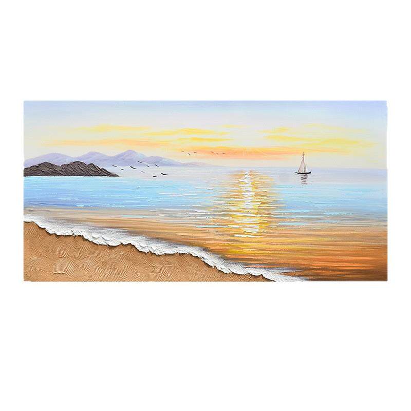 原创《旭日东升》手绘油画客厅轻奢装饰画横版海边风景肌理挂画