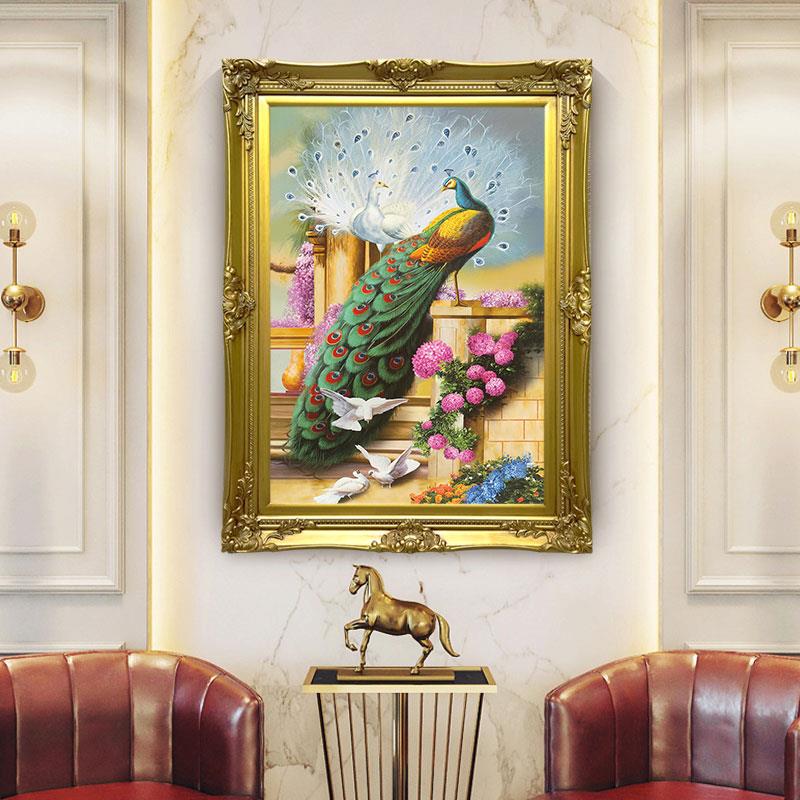 酒店大堂壁画欧式玄关装饰画动物油画新中式客厅餐厅挂画吉祥孔雀图片