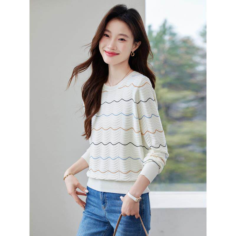时尚条纹针织衫女小个子短款宽松t恤上衣薄款冰丝打底衫显瘦春夏