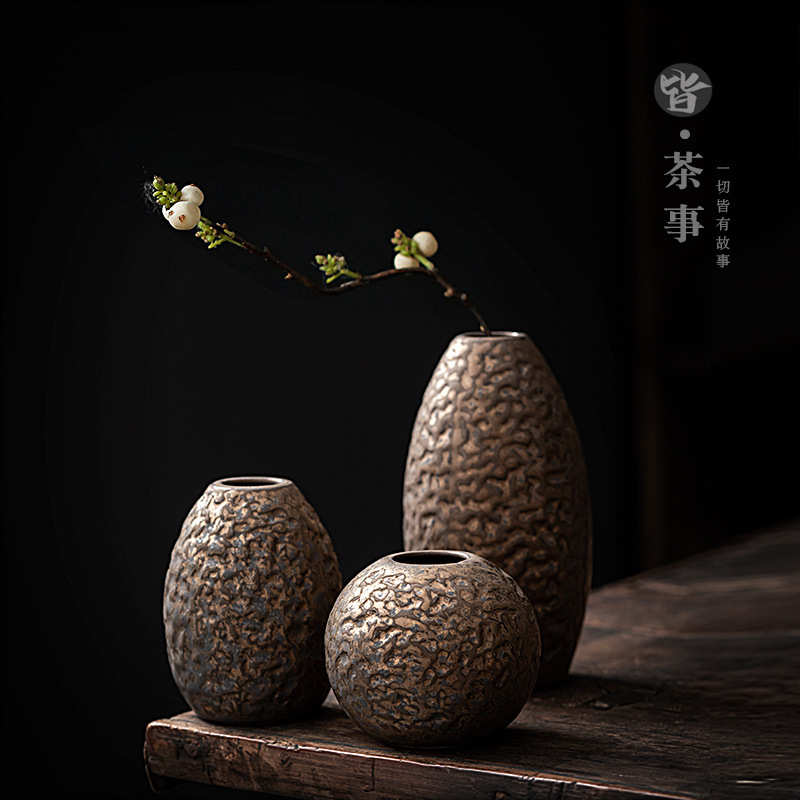 鎏金复古陶瓷花瓶创意居家迷你花器花插粗陶水培小花瓶茶道摆件