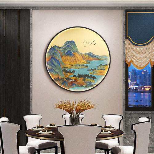 新中式圆形装饰画玄关挂画入户走廊过道墙画带灯led茶室大气壁画