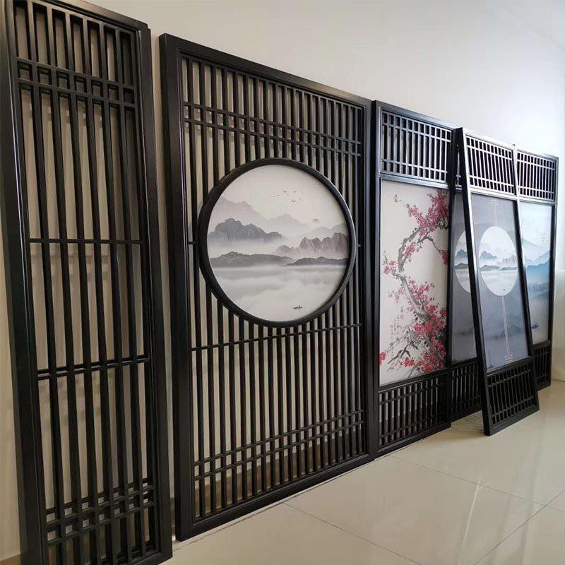 新中式屏风隔断客厅入门玄关实木镂空遮挡装饰纱画 画移动花格背