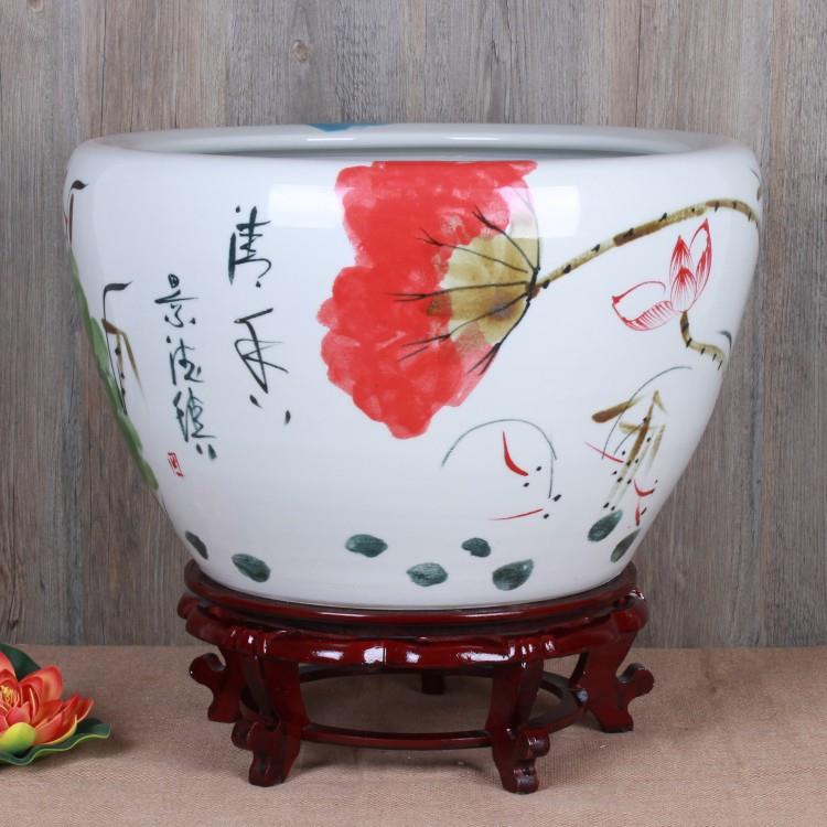 景德镇陶瓷鱼缸花盆手绘窑变裂纹釉荷花金鱼缸睡莲碗莲缸厂家