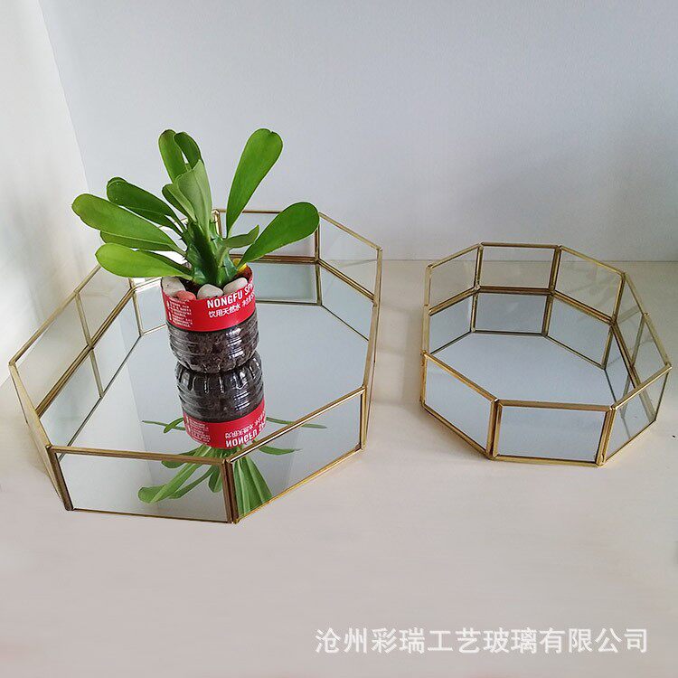 玻璃首饰珠宝收纳托盘 几何玻璃花房 黄铜化妆品置物盘 甜品托盘