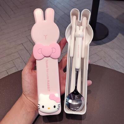 哈喽kt筷子勺子套装一人用便携式餐具收纳盒学生不锈钢筷勺三件套